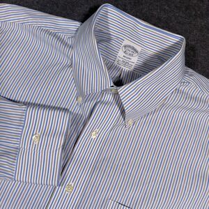Brooks Brothers Dress Shirt Mens 17.5-34 Blue Striped Regent Supima Cotton Prep